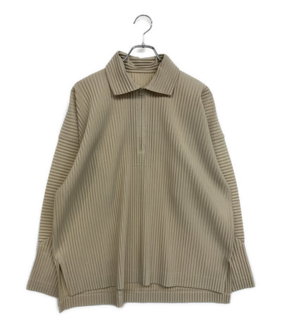 美品 ISSEY MIYAKE HOMME PLISSE 長袖シャツ ベージュ ハーフジッププリーツ HP13JM124 メンズ SIZE 2 オム プリッセ イッセイミヤケ