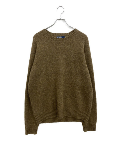 美品 POLO RALPH LAUREN ニット SUEDE PATCH WOOL CREWNECK BROWN 710A30044001 メンズ SIZE L ポロ・ラルフローレン