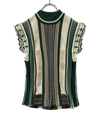 美品 Mame Kurogouchi ノースリーブニット Knit Stripe MM20SS-KN033 グリーン レディース SIZE 2 マメクロゴウチ