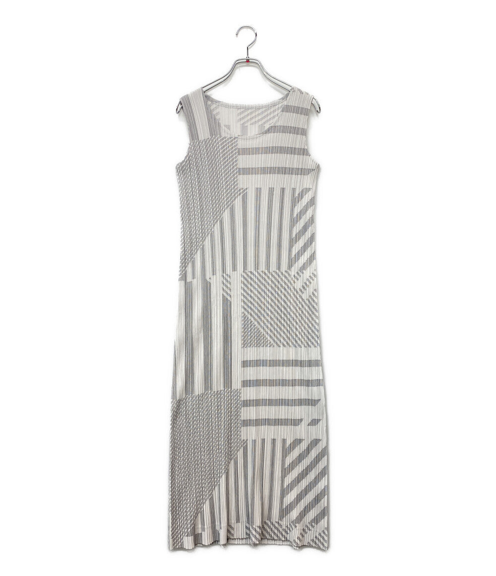 美品 PLEATS PLEASE ノースリーブワンピース 幾何学 ホワイト系 PP43-JH644 レディース SIZE 4 プリーツプリーズ