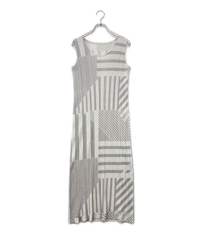 美品 PLEATS PLEASE ノースリーブワンピース 幾何学 ホワイト系 PP43-JH644 レディース SIZE 4 プリーツプリーズ