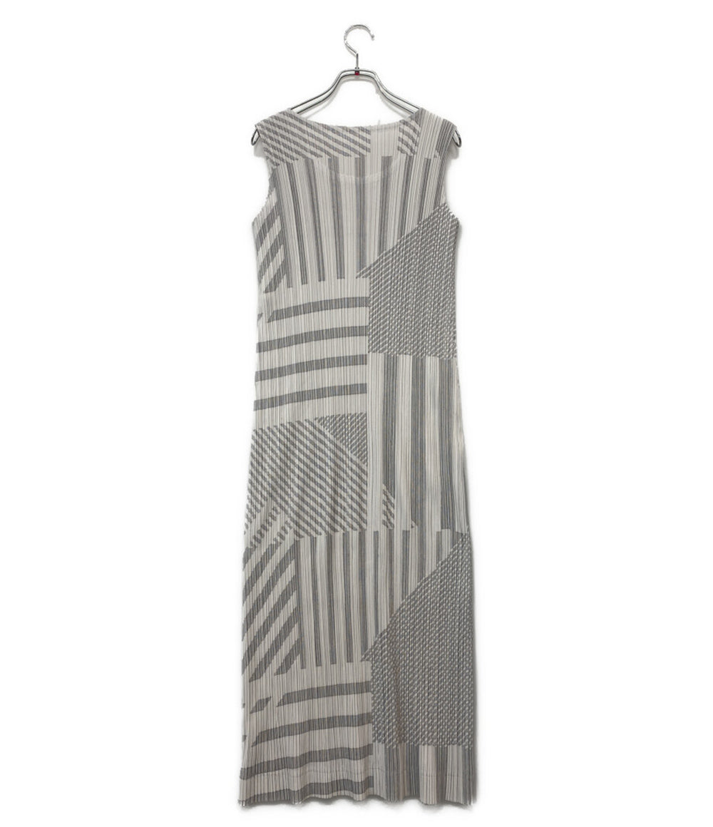 美品 PLEATS PLEASE ノースリーブワンピース 幾何学 ホワイト系 PP43-JH644 レディース SIZE 4 プリーツプリーズ