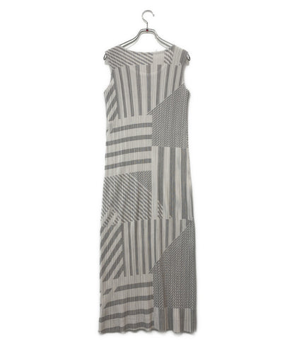 美品 PLEATS PLEASE ノースリーブワンピース 幾何学 ホワイト系 PP43-JH644 レディース SIZE 4 プリーツプリーズ