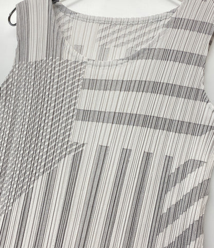 美品 PLEATS PLEASE ノースリーブワンピース 幾何学 ホワイト系 PP43-JH644 レディース SIZE 4 プリーツプリーズ