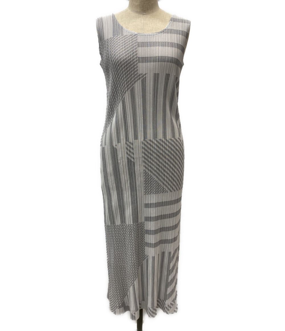 美品 PLEATS PLEASE ノースリーブワンピース 幾何学 ホワイト系 PP43-JH644 レディース SIZE 4 プリーツプリーズ