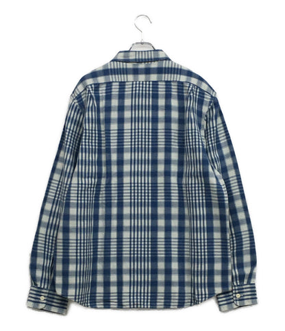 美品 RALPH LAUREN 長袖シャツ ワーク チェック リネン混 CLASSIC FIT INDIGO メンズ SIZE L ラルフローレン