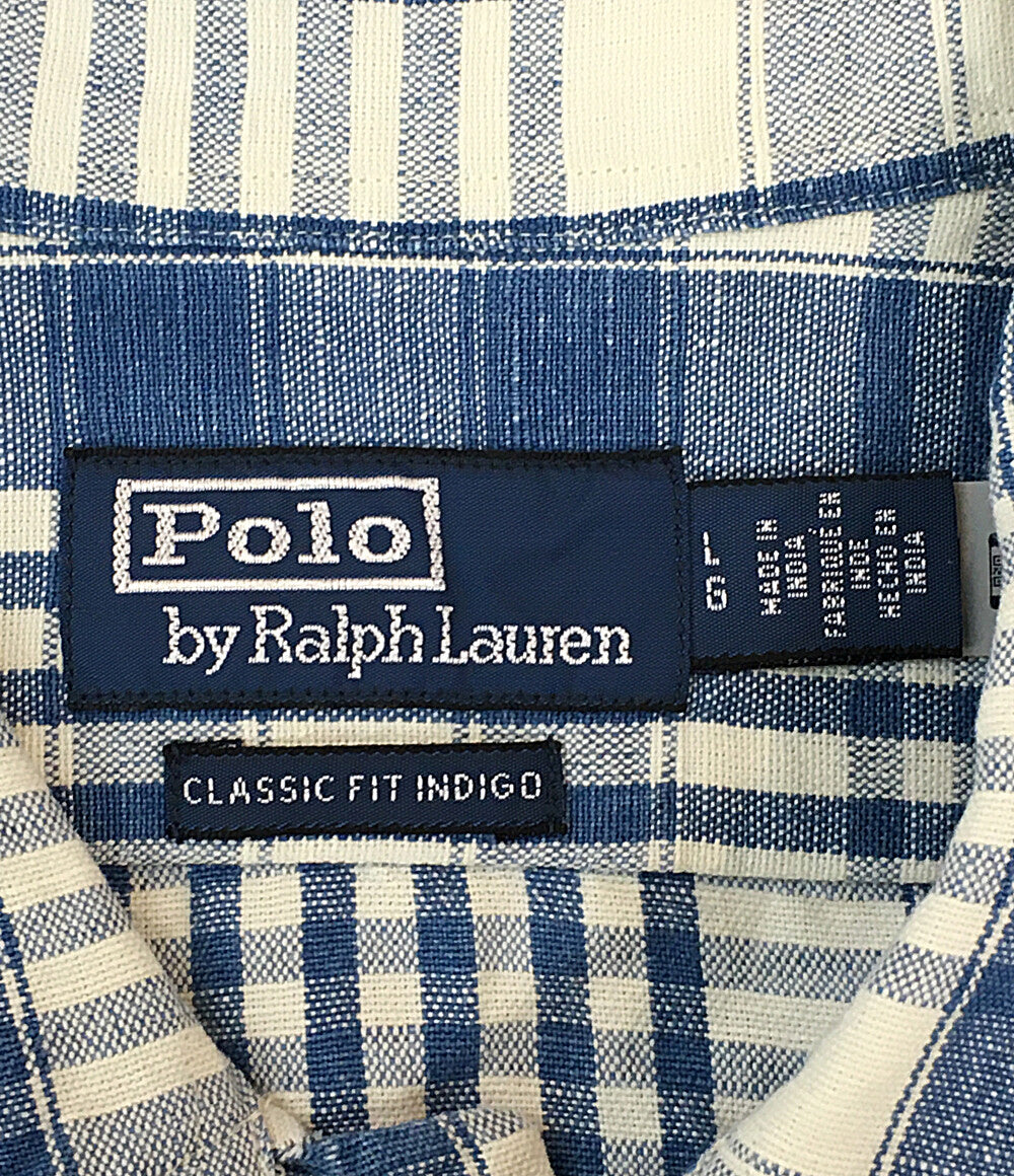 美品 RALPH LAUREN 長袖シャツ ワーク チェック リネン混 CLASSIC FIT INDIGO メンズ SIZE L ラルフローレン
