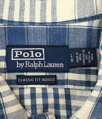 美品 RALPH LAUREN 長袖シャツ ワーク チェック リネン混 CLASSIC FIT INDIGO メンズ SIZE L ラルフローレン