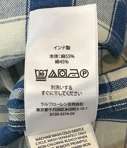 美品 RALPH LAUREN 長袖シャツ ワーク チェック リネン混 CLASSIC FIT INDIGO メンズ SIZE L ラルフローレン