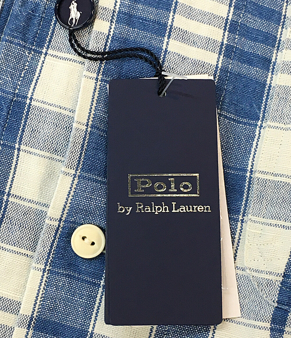 美品 RALPH LAUREN 長袖シャツ ワーク チェック リネン混 CLASSIC FIT INDIGO メンズ SIZE L ラルフローレン