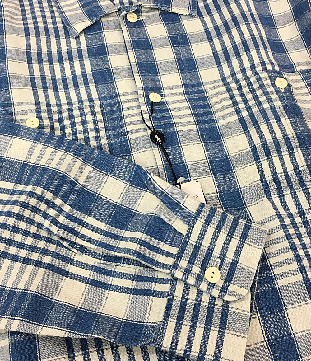 美品 RALPH LAUREN 長袖シャツ ワーク チェック リネン混 CLASSIC FIT INDIGO メンズ SIZE L ラルフローレン