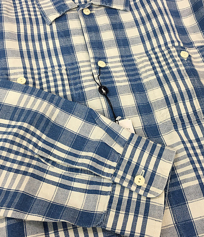 美品 RALPH LAUREN 長袖シャツ ワーク チェック リネン混 CLASSIC FIT INDIGO メンズ SIZE L ラルフローレン