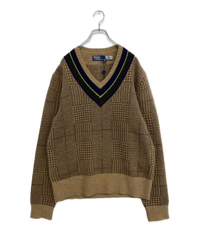 RALPH LAUREN ニット カシミア混 Vネック チルデン ブラウン 柄 メンズ SIZE L ラルフローレン