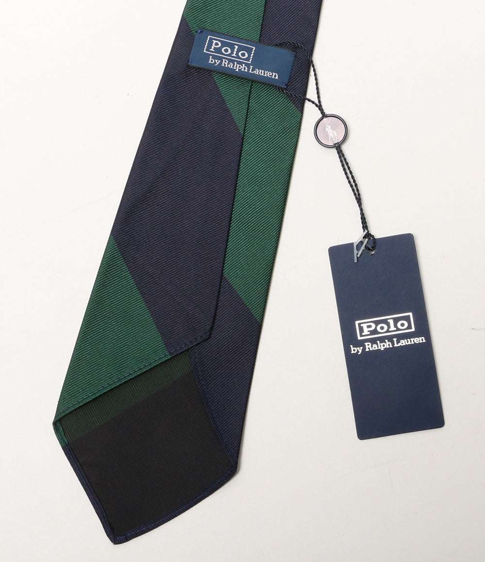 美品 POLO RALPH LAUREN ネクタイ ストライプド シルク ネイビー×グリーン メンズ ポロ・ラルフローレン