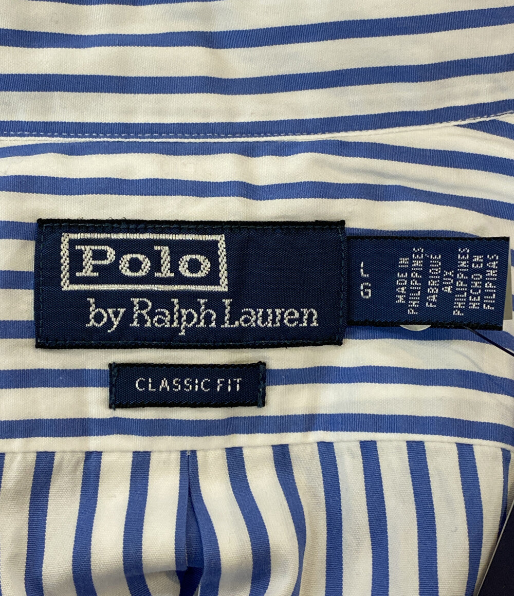 美品 POLO RALPH LAUREN 長袖シャツ CLASSIC FIT DISTRESSED STRIPED ブルー メンズ SIZE L ポロ・ラルフローレン
