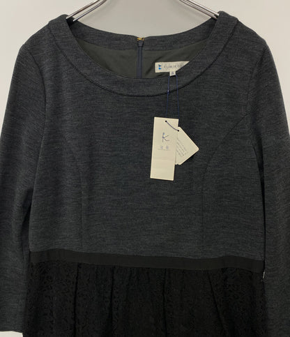 美品 KUMIKYOKU「組曲」 長袖ワンピース 切替し レース チャコールグレー レディース SIZE 5 クミキョク