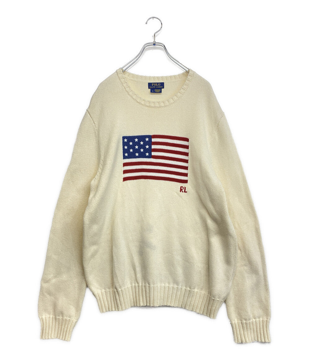 POLO RALPH LAUREN ニット アメリカンフラッグ USA製 ホワイト コットン メンズ SIZE L ポロ・ラルフローレン