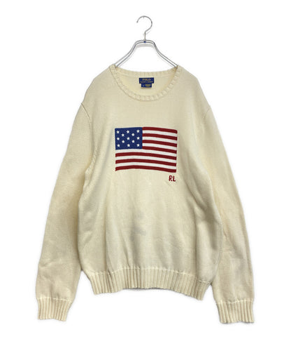 POLO RALPH LAUREN ニット アメリカンフラッグ USA製 ホワイト コットン メンズ SIZE L ポロ・ラルフローレン
