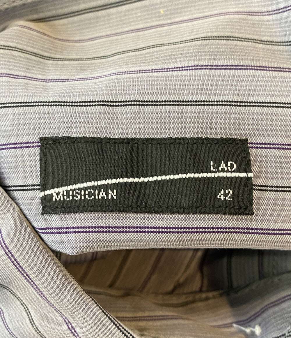 LAD MUSICIAN 半袖シャツ ストライプ ライトグレー×ブラック×パープル