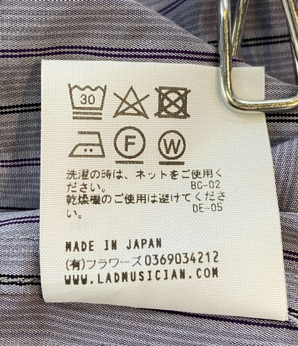 LAD MUSICIAN 半袖シャツ ストライプ ライトグレー×ブラック×パープル