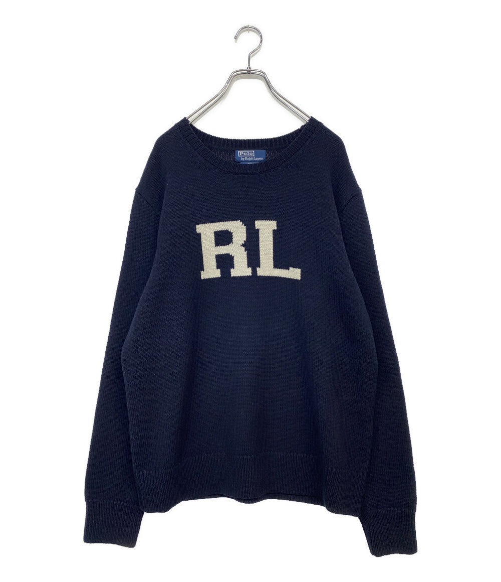 POLO RALPH LAUREN モノグラム ウール セーター USA製 ネイビー メンズ SIZE L ポロ・ラルフローレン