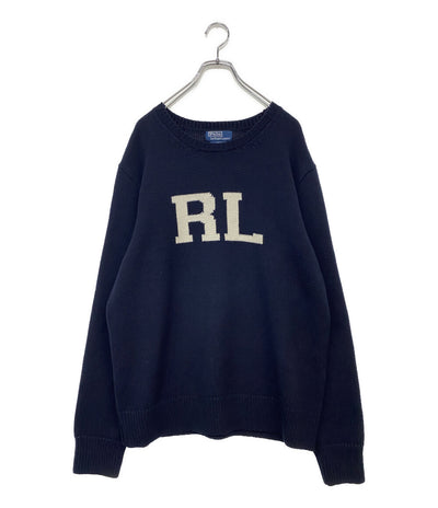 POLO RALPH LAUREN モノグラム ウール セーター USA製 ネイビー メンズ SIZE L ポロ・ラルフローレン