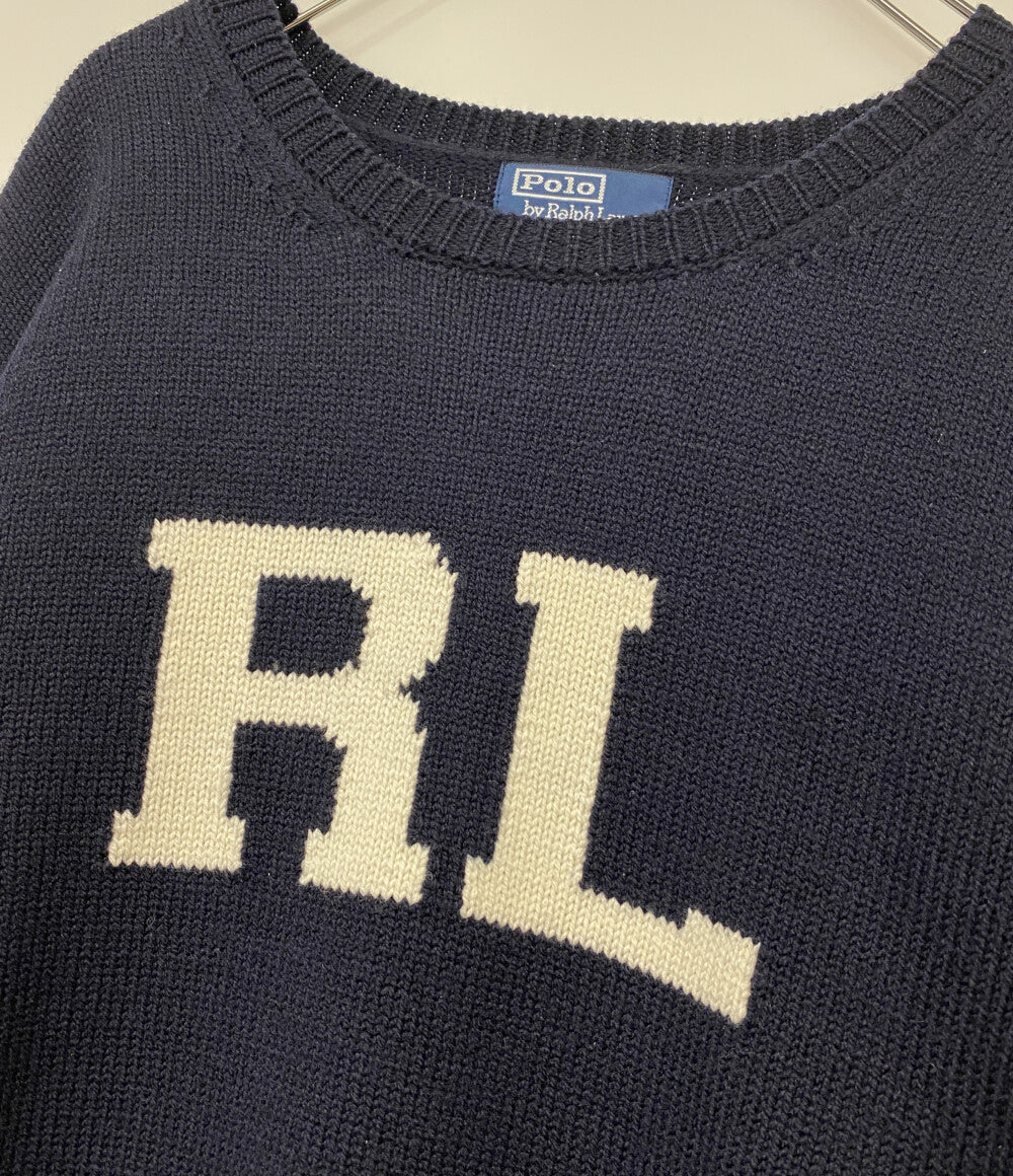 POLO RALPH LAUREN モノグラム ウール セーター USA製 ネイビー メンズ SIZE L ポロ・ラルフローレン