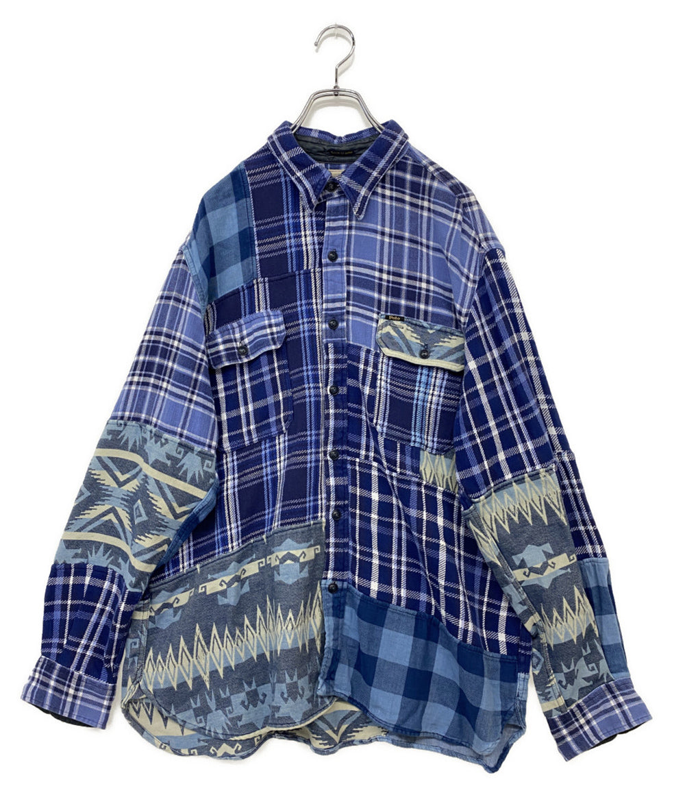 POLO RALPH LAUREN ネルシャツ パッチワーク ネイティブ柄 BLUE チン&マチ付 メンズ SIZE XL ポロ・ラルフローレン