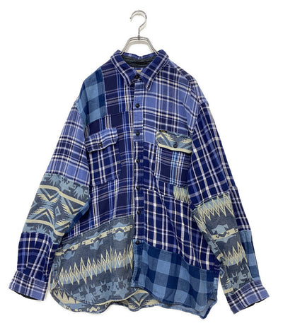 POLO RALPH LAUREN ネルシャツ パッチワーク ネイティブ柄 BLUE チン&マチ付 メンズ SIZE XL ポロ・ラルフローレン