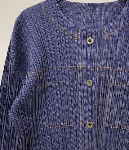 PLEATS PLEASE ノーカラージャケット コットンデニム PP56JC602 レディース SIZE 5 プリーツプリーズ