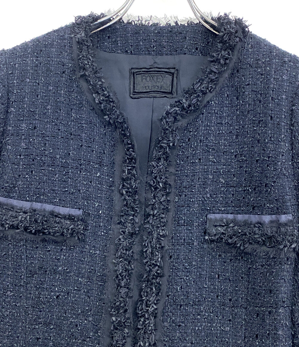 【定価13.6万✨】FOXEY リネン混　ツイードジャケット　ネイビー　40 フォクシー ツイードジャケット ネイビー レディース SIZE 40