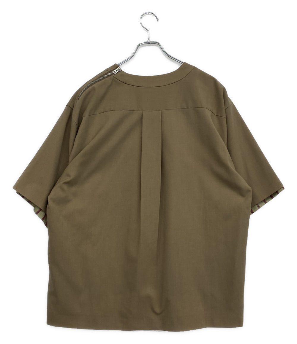 サカイ プルオーバーシャツ 半袖 ノーカラー 刺繍 2 カーキ 美品 sacai 半袖ノーカラーシャツ Suiting Pullover 20-02183M メンズ