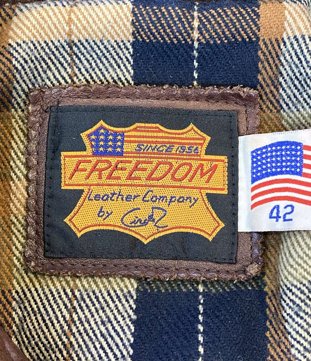 FREEDOM LEATHER フリーダムレザー ライダースジャケット ブラウン 裏地チェック メンズ SIZE 42