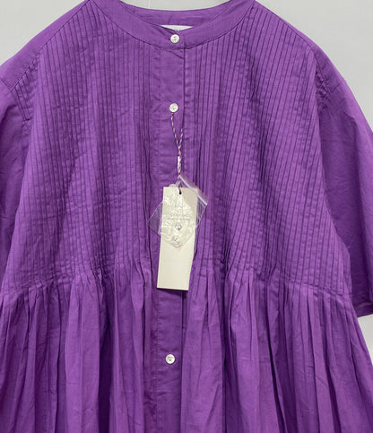 美品 PONT DE CHALONS ハンドピンタックスタンドカラー 半袖ワンピース パープル 22631428 レディース SIZE FREE ポンデシャロン