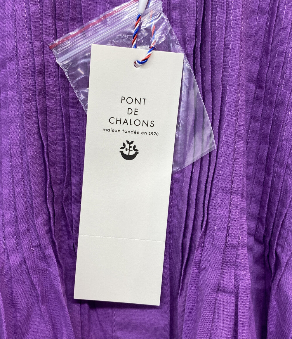 美品 PONT DE CHALONS ハンドピンタックスタンドカラー 半袖ワンピース パープル 22631428 レディース SIZE FREE ポンデシャロン