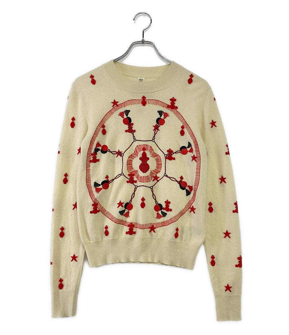 HERMES 長袖ニット 刺繍 Poste et cavalerie 21ss レディース SIZE 38 エルメス