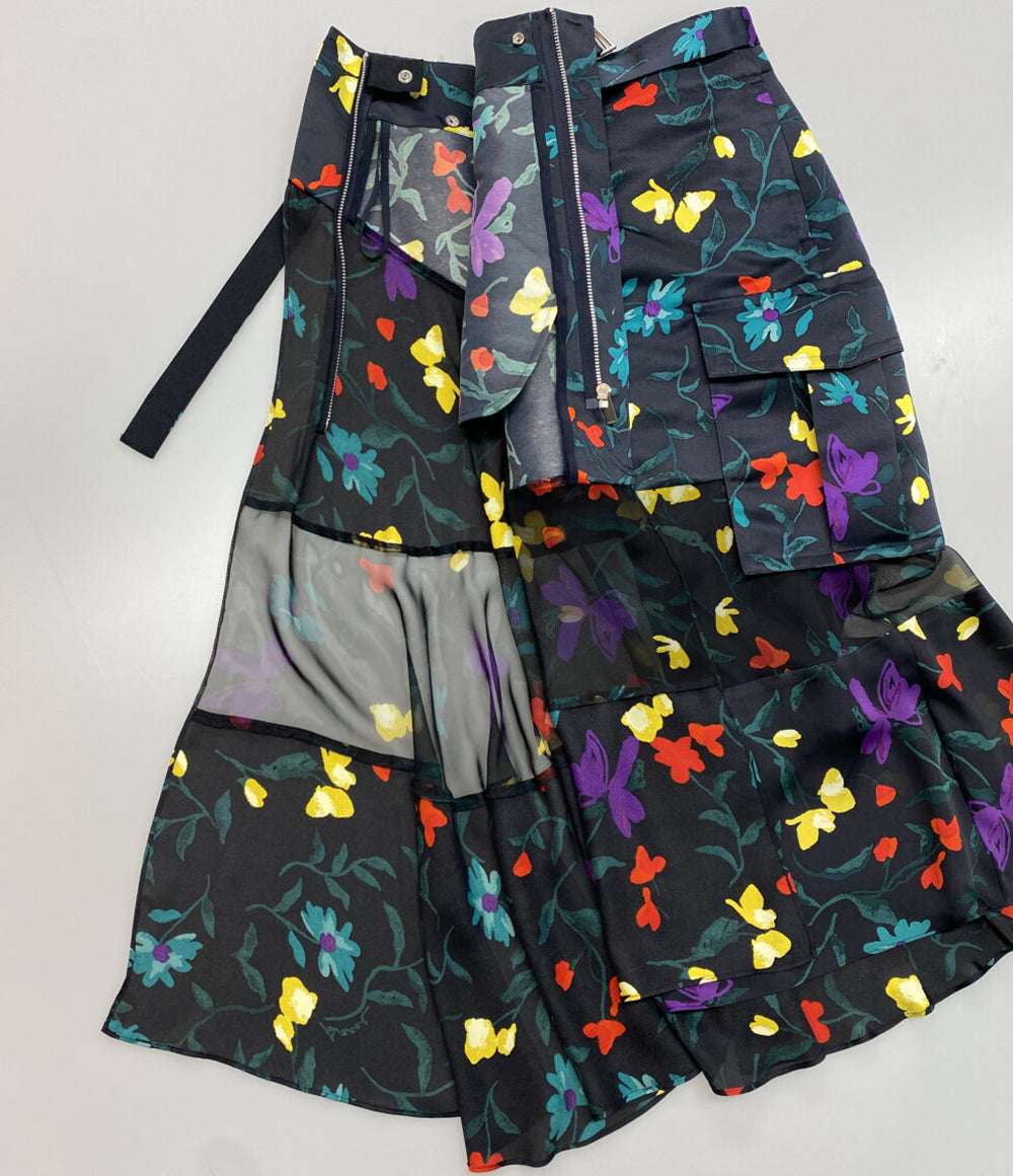 美品 sacai ペチ付きフラワープリント素材切替スカート 24SS レディース SIZE - サカイ