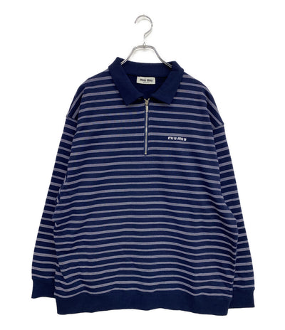 美品 MIU MIU ポロシャツ ストライプ ジッパー MJL773 25S レディース SIZE L ミュウミュウ