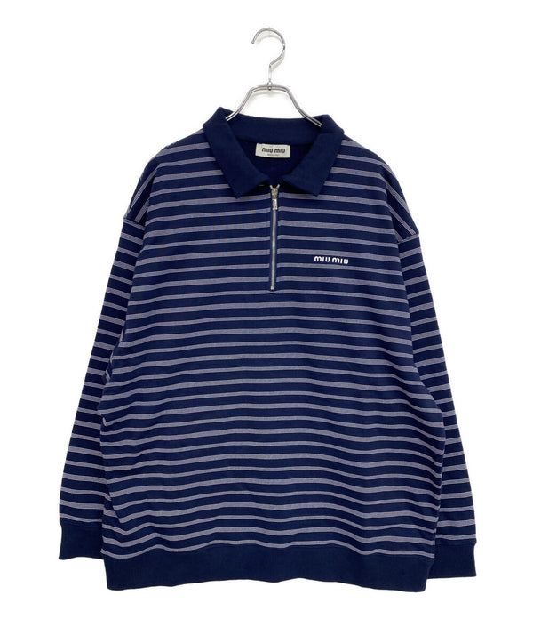 美品 MIU MIU ポロシャツ ストライプ ジッパー MJL773 25S レディース SIZE L ミュウミュウ