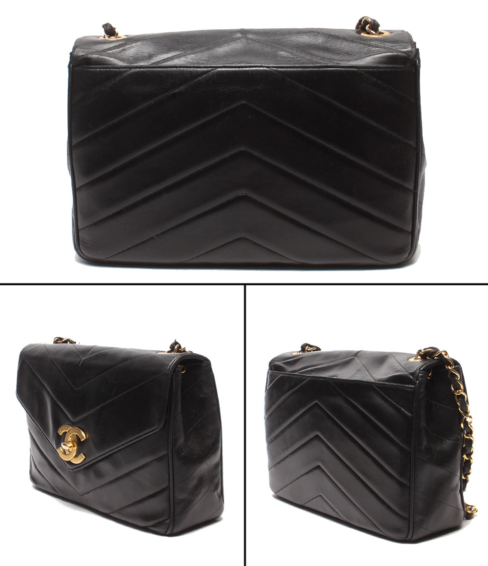 CHANEL チェーンショルダーバッグ 斜め掛け ゴールド金具 Vステッチ シェブロン シングルチェーン シングルフラップ ３番台 レディース シャネル