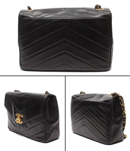 CHANEL チェーンショルダーバッグ 斜め掛け ゴールド金具 Vステッチ シェブロン シングルチェーン シングルフラップ ３番台 レディース シャネル