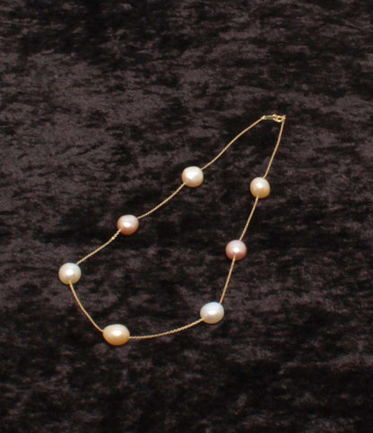 美品 ネックレス K18 淡水パール 9x6mm ステーション レディース