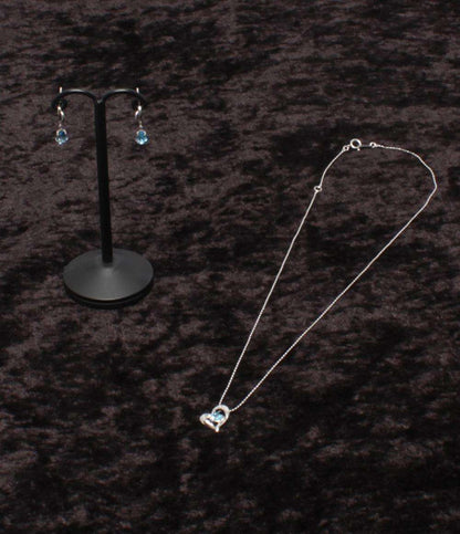 美品 ネックレス K14WG ブルートパーズ ダイヤ0.02ct ピアスK14WG ブルートパーズ 2点セット レディース