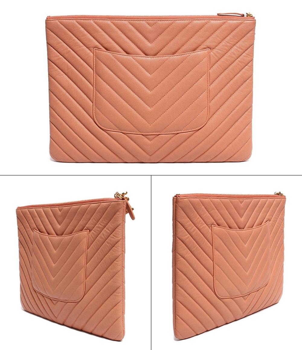 レザークラッチバッグ ココマーク  フクロウ ゴールド金具 シェブロン Ｖステッチ キャビアスキン レディース CHANEL