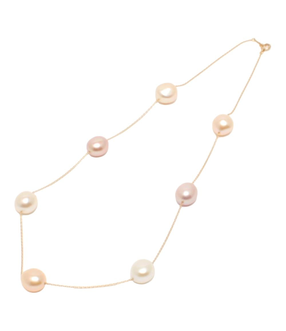 美品 ネックレス K18 淡水パール 9x6mm ステーション レディース