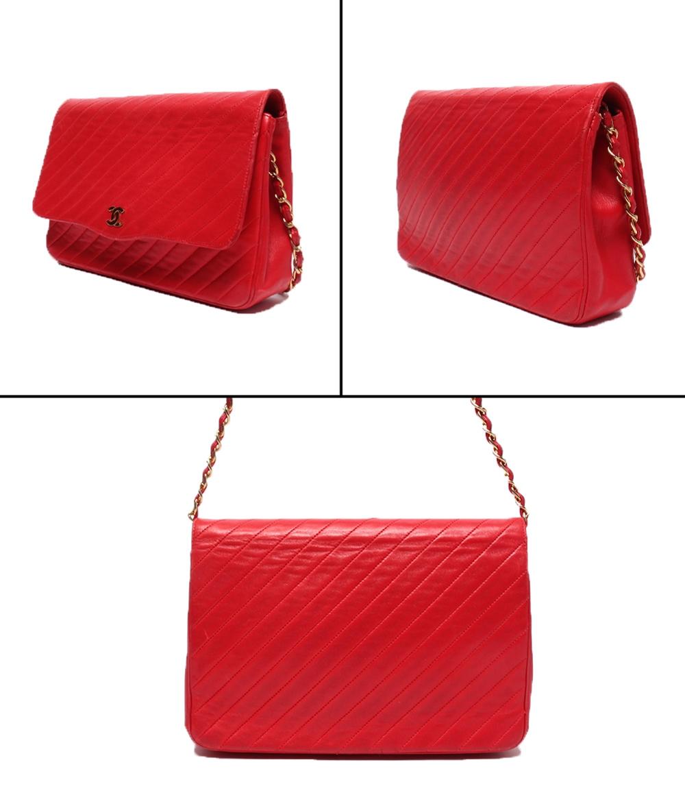 訳あり CHANEL チェーンショルダーバッグ ラムスキン シングルフラップ バイアスステッチ ゴールド金具 肩掛け レディース シャネル
