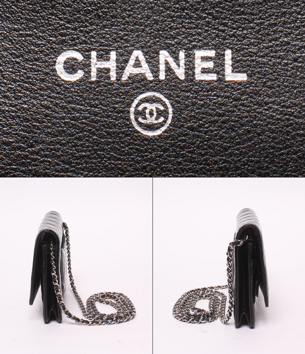 CHANEL チェーンウォレット ショルダーバッグ 斜め掛け シングルチェーン シングルフラップ シルバー金具 17番台 マトラッセ エナメル レディース