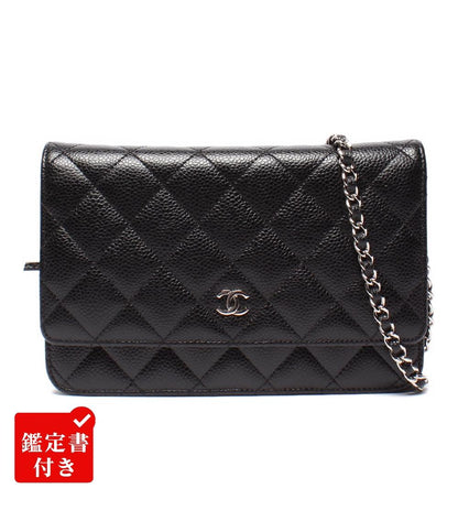 美品 シャネル チェーンショルダーウォレット シルバー金具 キャビアスキン マトラッセ レディース CHANEL