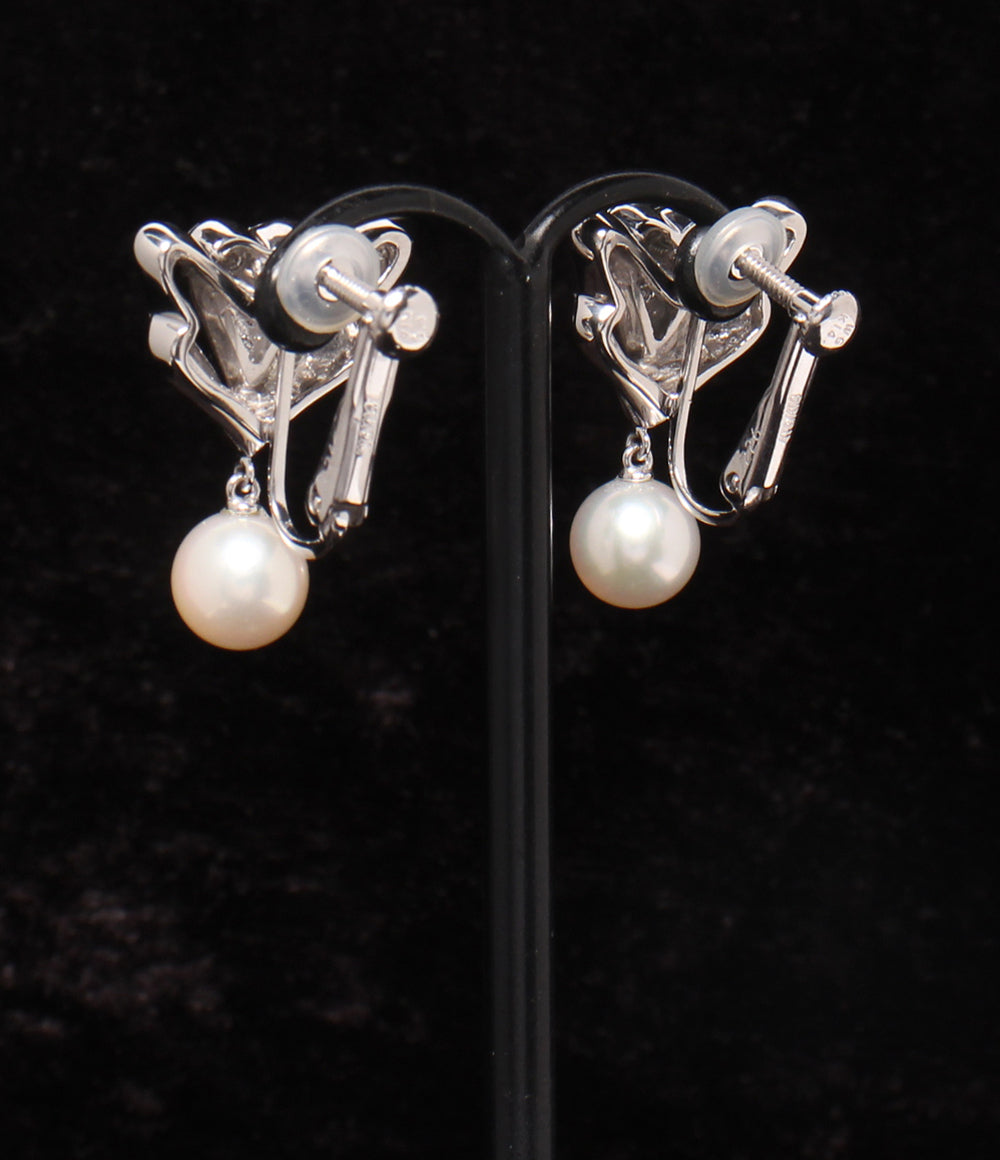 美品 MIKIMOTO イヤリング K14WG K18 パール7.5mm ダイヤ 0.34ct レディース ミキモト
