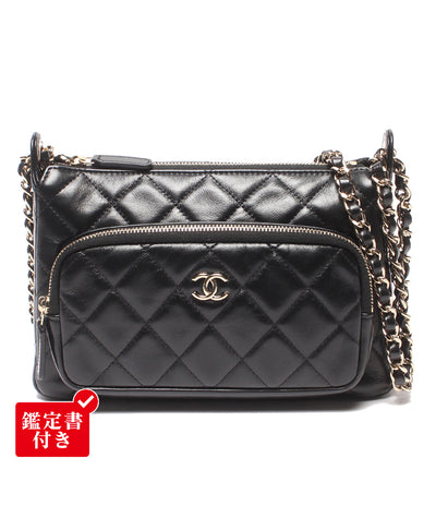 美品 CHANEL チェーンショルダーバッグ 肩掛け 斜め掛け シルバー金具 シングルチェーン シャイニークランプル マトラッセ ラムスキン AP4349